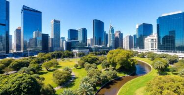 Melbourne cityscape with modern buildings and a river.
