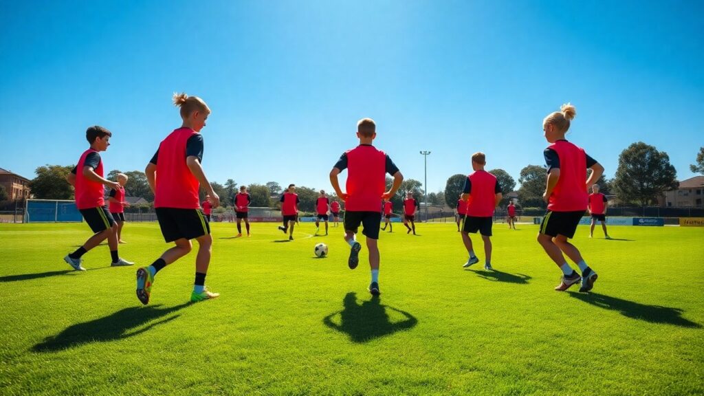 Young footballers training on a sunny Sydney pitch.