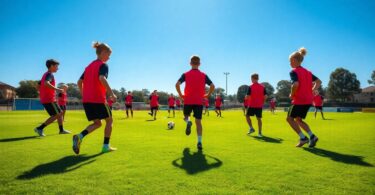 Young footballers training on a sunny Sydney pitch.