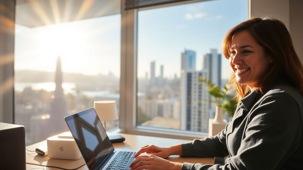 Person working remotely in Australia with cityscape view.