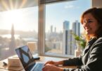 Person working remotely in Australia with cityscape view.