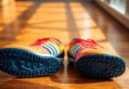 Indoor soccer shoes on wooden floor