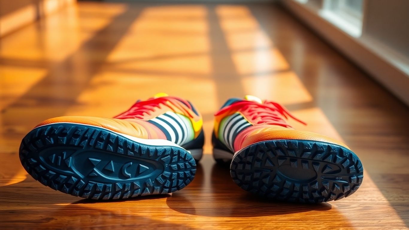 Indoor soccer shoes on wooden floor