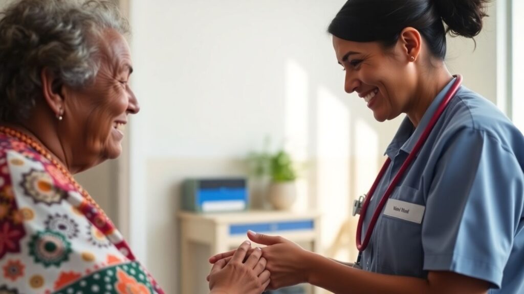 Aboriginal Health Worker caring for an elderly Indigenous patient.
