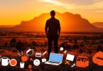Australian business growth with sunrise and icons.