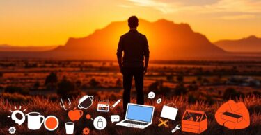 Australian business growth with sunrise and icons.