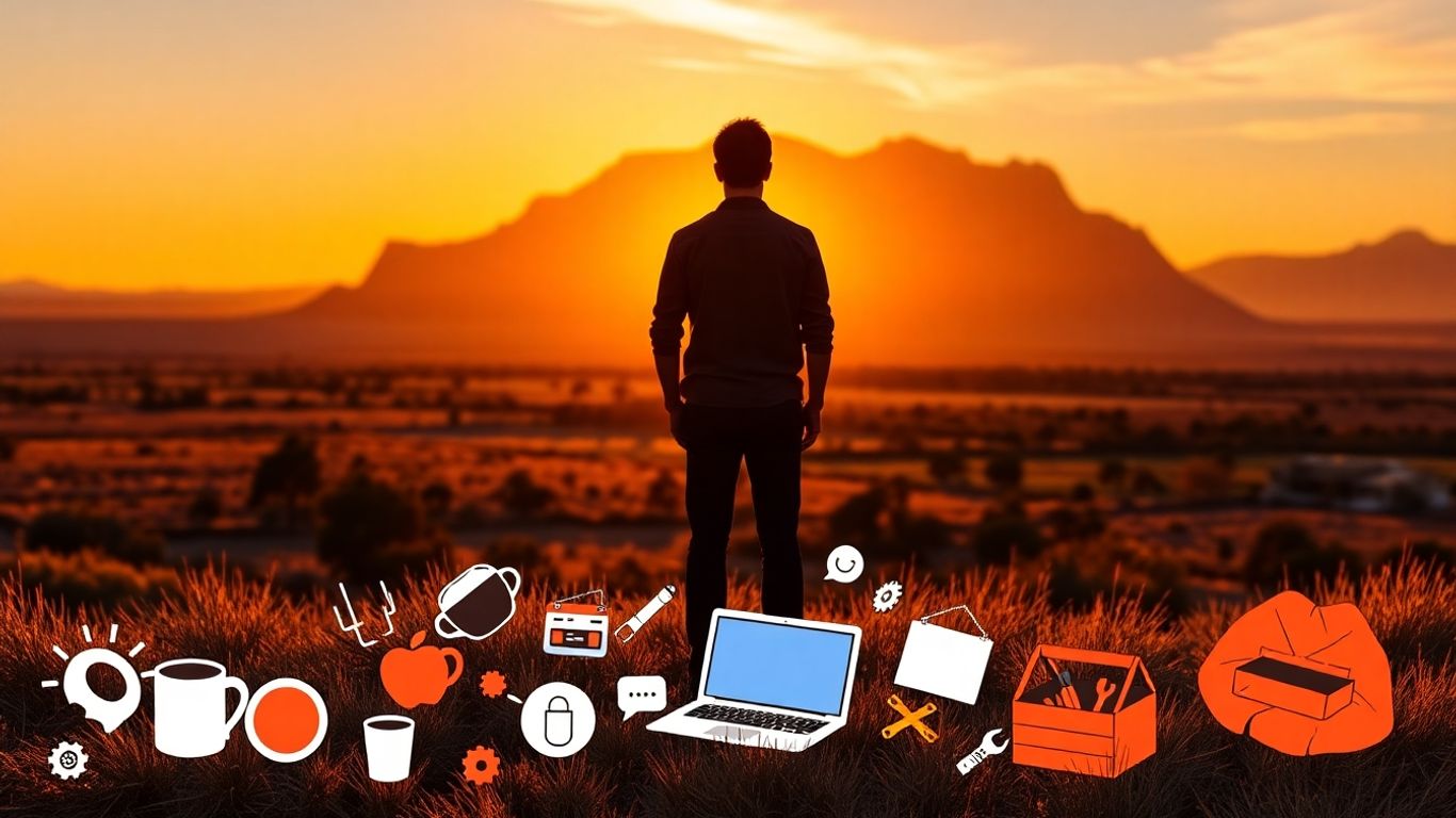 Australian business growth with sunrise and icons.