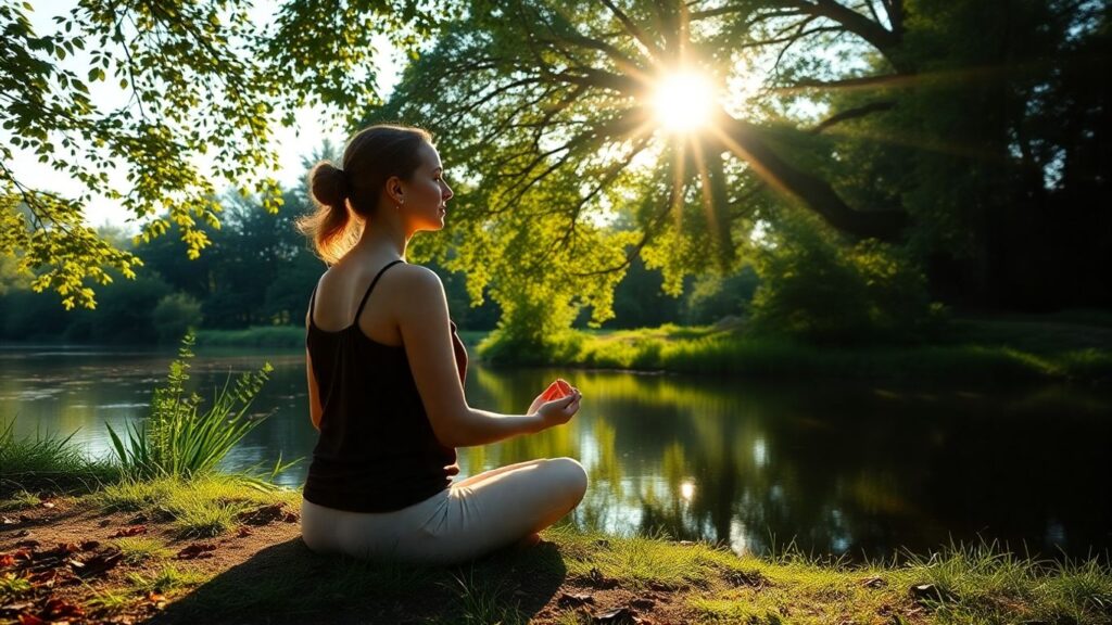 Peaceful woman meditating in nature, Victoria retreat.