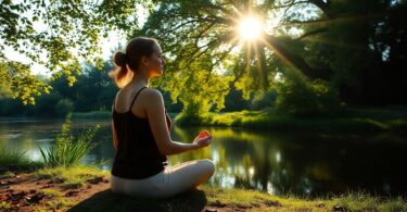 Peaceful woman meditating in nature, Victoria retreat.