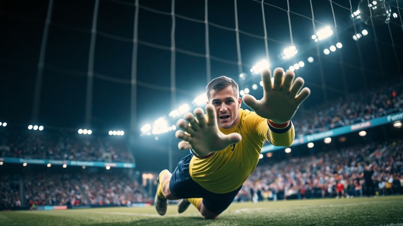 Goalkeeper diving to save during soccer match action