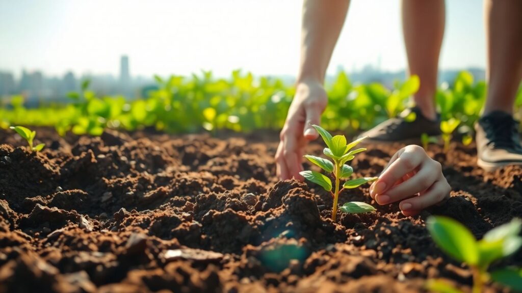 Person digging, finding a glowing seedling in soil.