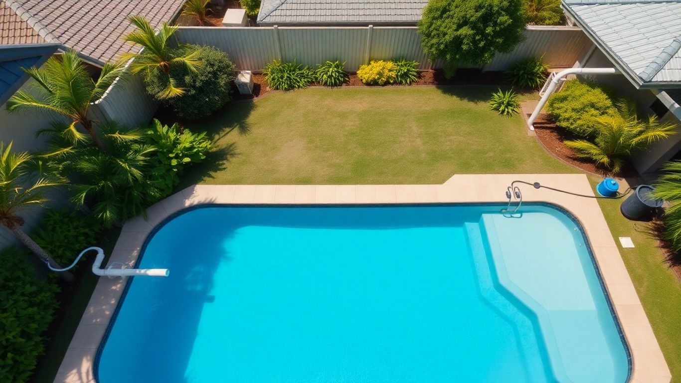 Australian backyard pool with visible plumbing and equipment