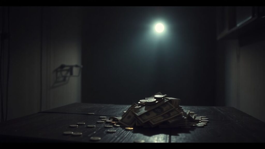 Shadowy figure counting money in a dimly lit room.