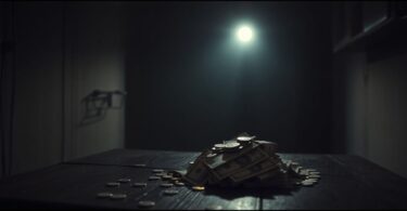 Shadowy figure counting money in a dimly lit room.
