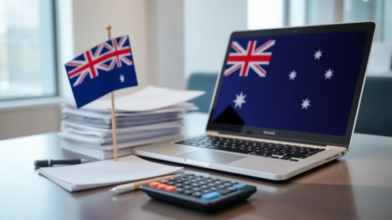 Desk with Australian flag, documents, laptop, and calculator