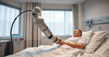 Robot arm helping patient in Australian hospital.