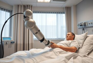 Robot arm helping patient in Australian hospital.