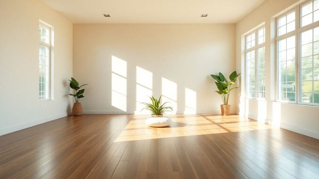 Peaceful meditation space with sunlight and plants.