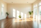 Peaceful meditation space with sunlight and plants.