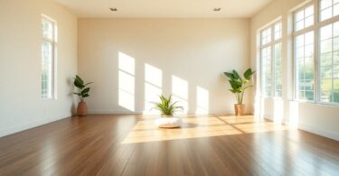 Peaceful meditation space with sunlight and plants.