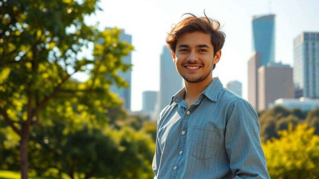 Young Aussie in park near city, ready for business