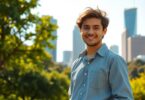 Young Aussie in park near city, ready for business