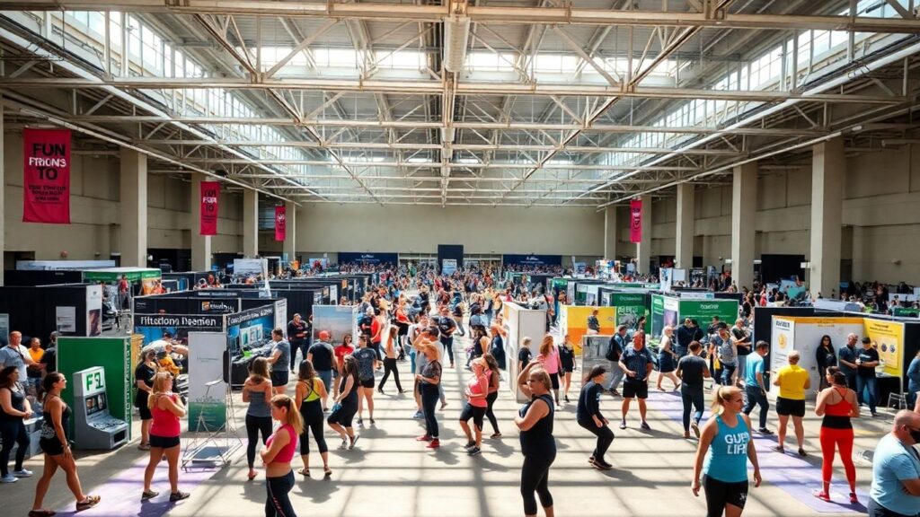 Crowds in gym gear at busy fitness expo hall