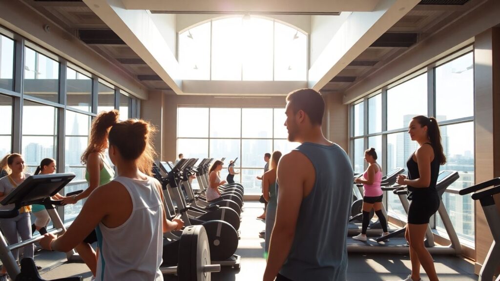 Melbourne gym with people exercising and city views.