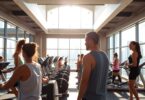 Melbourne gym with people exercising and city views.