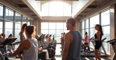 Melbourne gym with people exercising and city views.