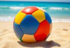Beach soccer ball on sand near ocean waves