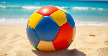 Beach soccer ball on sand near ocean waves