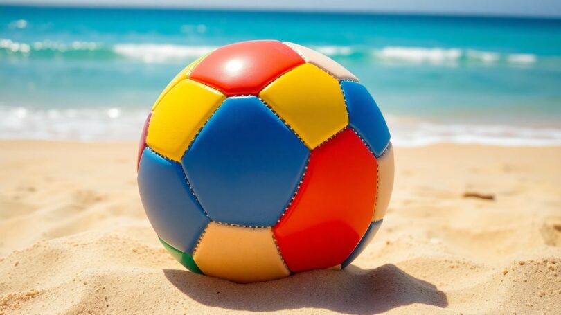 Beach soccer ball on sand near ocean waves