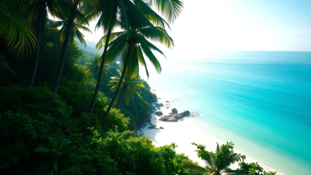 Peaceful Queensland beach with rainforest backdrop.