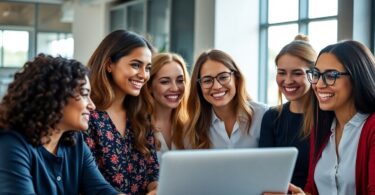 Australian women in tech collaborating in a bright office.