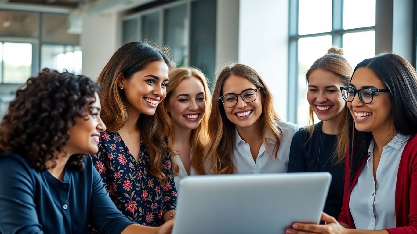 Australian women in tech collaborating in a bright office.