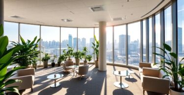 Modern Sydney office interior with city views.