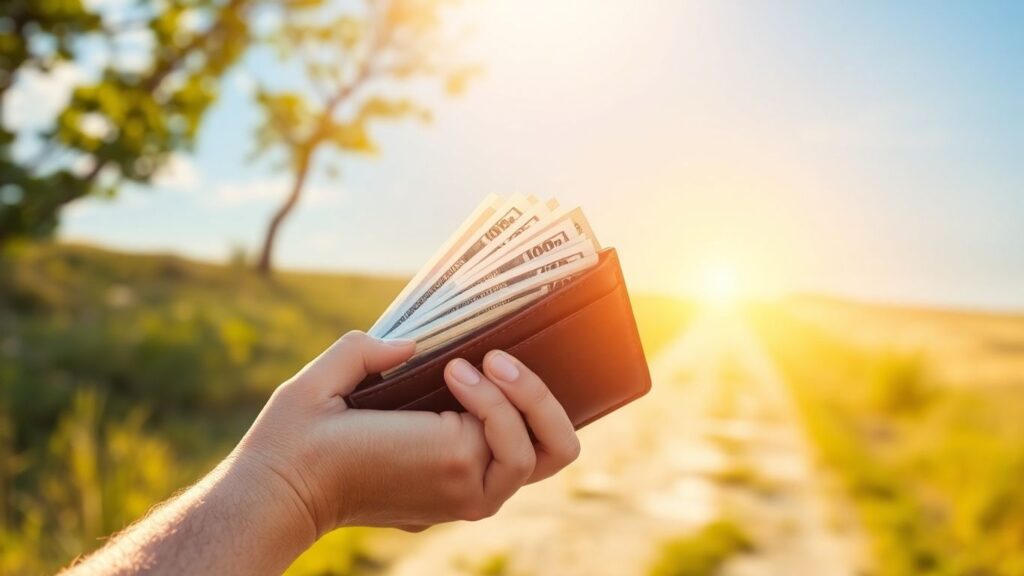 Happy person with overflowing wallet, bright future ahead.