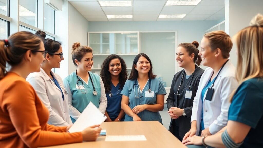 Allied health professionals collaborating in a modern clinic.