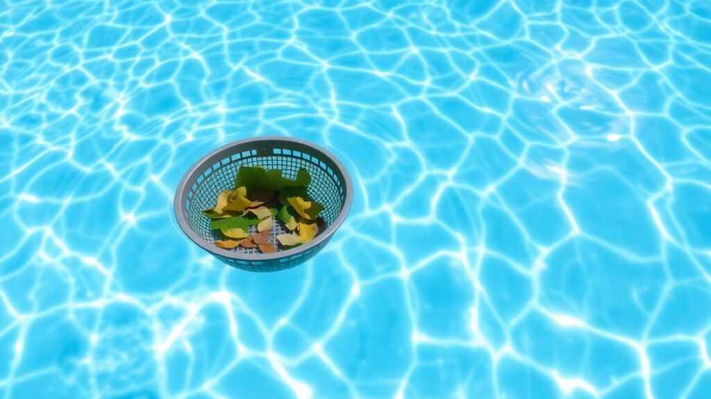 Pool skimmer collecting leaves from clear water surface.