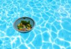 Pool skimmer collecting leaves from clear water surface.