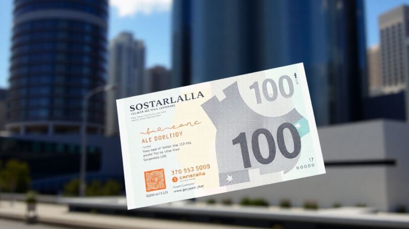 Australian $100 banknote with city background.