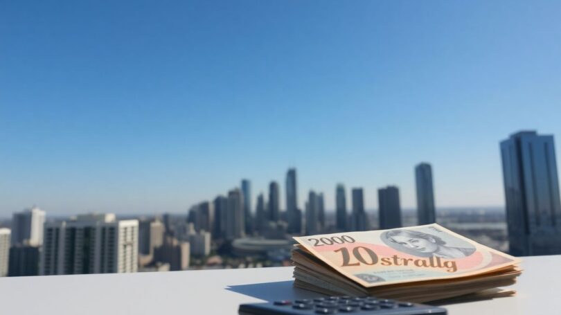 Australian cityscape with money and calculator.