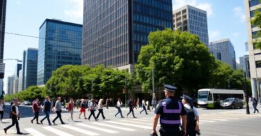Melbourne street scene with people, police, and trams