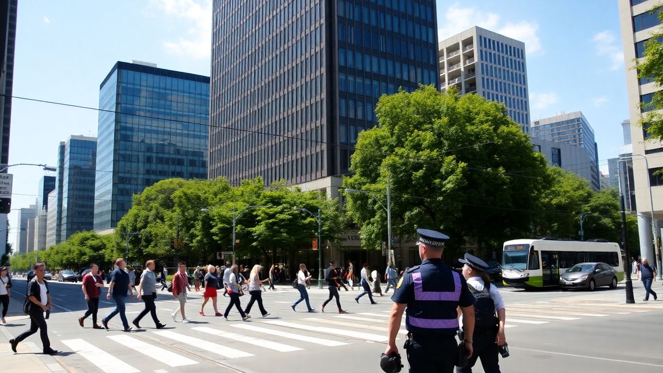 Melbourne street scene with people, police, and trams