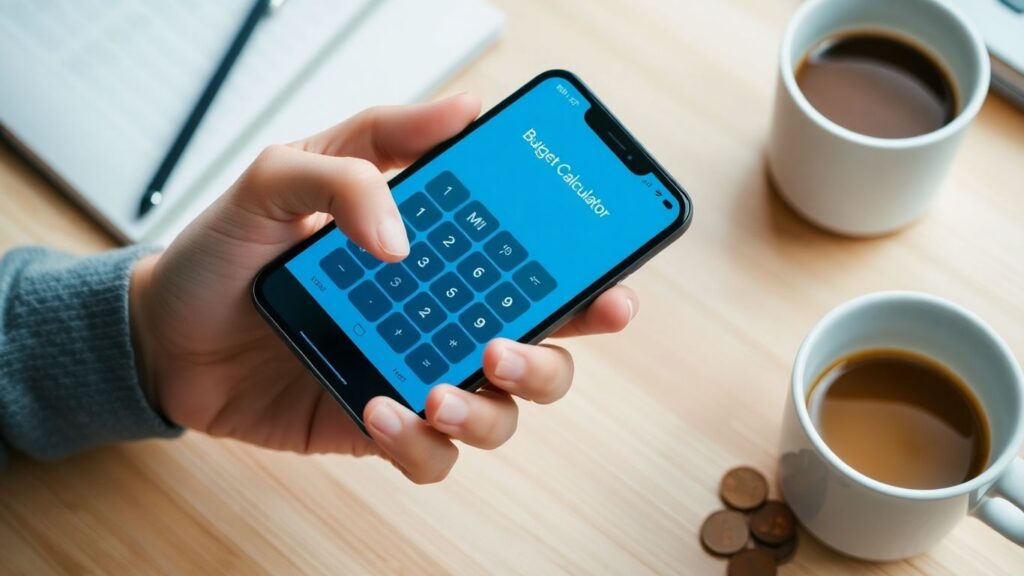 Person using smartphone budget calculator at desk