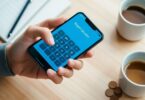 Person using smartphone budget calculator at desk