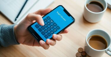 Person using smartphone budget calculator at desk