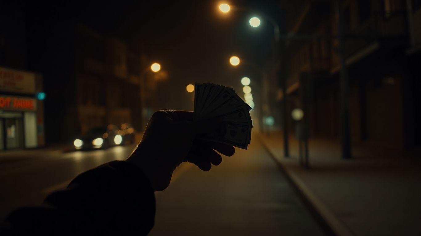 Person getting paid cash at night.