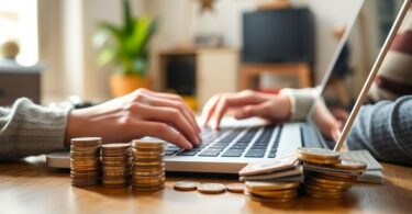 Person typing on laptop, earning money from home.